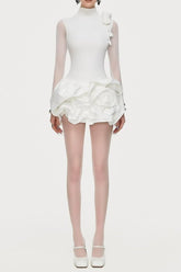 3D Flower Hem Mesh Mini Dress in White