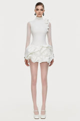 3D Flower Hem Mesh Mini Dress in White