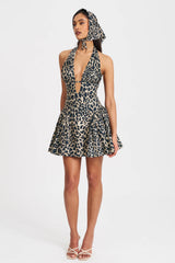 Print Halter Linen Mini Dress