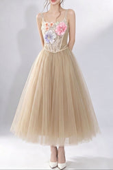 3D Floral Camisole Top & Skirt Set - Champagne