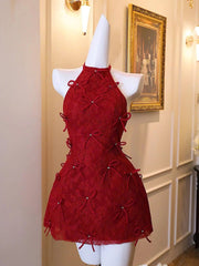 Lace Backless Halter Mini Dress in Red