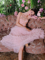 Pink Princess Ruffle Midi Floral Embroidery Dress
