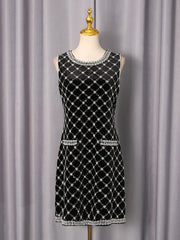 Black-white Plaid Diamond Sleeveless Mini Dress