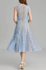 3D Embroidered Lace Mesh Midi Dress in Blue