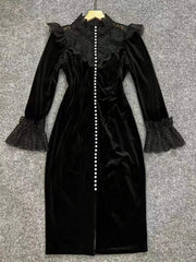 Black Long Sleeve Midi Dress with Lace and Pearls