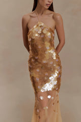 Sequin Embellished Backless Maxi Dress - Gold