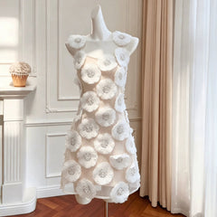 Rhinestone 3D Flowers Mini Dress - White