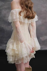 Off Shoulder Lace Ruffle Mini Dress