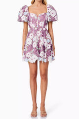 Hollow Hook Lace Mini Dress in Purple