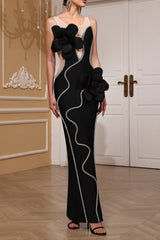 Diamond 3D Flower Sequin Bandage Maxi Dress in Black