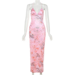Printed Strappy Backless Plunge Sheath Slip Maxi Dress