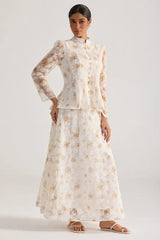 Yellow Floral Embroidered Long-Sleeve Top Skirt Set