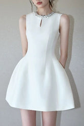 Round Neck Diamond Sleeveless Dress in White