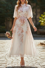 Pink Floral Print Mandarin Collar Maxi Dress