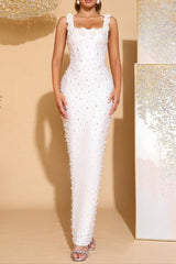 White Flower Square-Neck Elastic Bandage Maxi Dress
