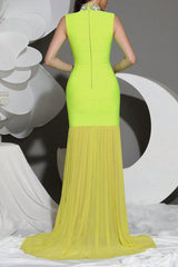 Mesh Stitching Diamond High Collar Bandage Maxi Dress in Green