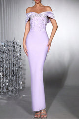 Diamond off-Shoulder Bodycon Maxi Bandage Dress in Purple