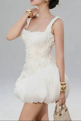Flower Embellished Puffy Mini Dress in White