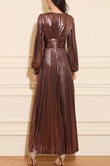 Brown V-Neck Long Sleeve Maxi Dress