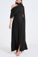 One-Shoulder Detachable Collar Maxi Dress in Black