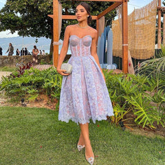 Purple Sexy Embroidered Lace Midi Dress