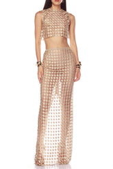 Sheer Plaid Maxi Skirt Two Piece of Set