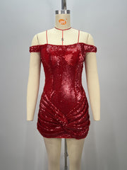 Sequin Ruched Bodycon Mini Dress in Red