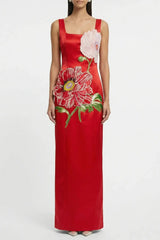 Square Neck Flower Embroidery Satin Maxi Dress in Red