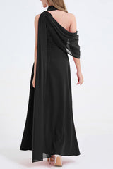 One-Shoulder Detachable Collar Maxi Dress in Black