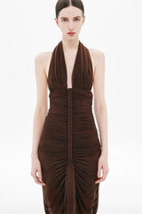 V-Neck Braided Bodycon Maxi Dress - Brown