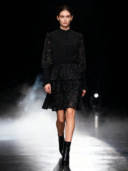 Long Sleeves Layered Lace Mini Dress in black