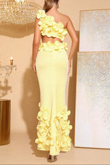 3D Flower One-Shoulder Bodycon Maxi Dress in Yellow
