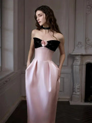 Satin Pink Flower Maxi Prom Dress