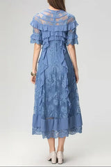 Lace Ruffle Trim Midi Dress in Blue