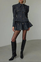 Dark Grey Embroidered Blazer Mini Skirt Set