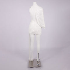 Off-Shoulder Single-Sleeve Bodycon Ribbon Mini Dress - White