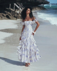 Floral Frill Off-Shoulder Maxi Dress in Blue
