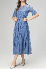 Lace Ruffle Trim Midi Dress in Blue