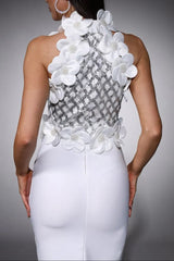 3D Flower Sequin Halter Bandage Maxi Dress in White