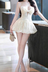 Emma Bowknot Hollow Top Mini Dress in Beige
