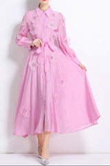 Embroidered Midi Dress in Pink