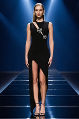 Crystal Rose Detailed High-Black Dress
