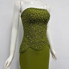 Green Rhinestone Embellished Top Skirt Set