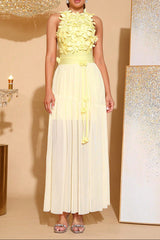 3D Flower Splicing Bandage Mesh Maxi Dress in Yellow