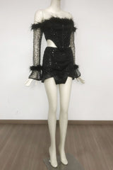 Black Off-Shoulder Top Short Mesh Skirt Set