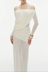 Cara Off-Shoulder Long Sleeve Mesh Maxi Dress in White