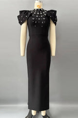 Crystal-Embellished Crepe Bodycon Gown in Black