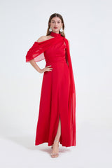 One-Shoulder Detachable Collar Maxi Dress in Red