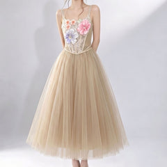 3D Floral Camisole Top & Skirt Set - Champagne