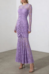 Lace Hollow Ruched Bodycon Long Sleeve Maxi Dress in Purple